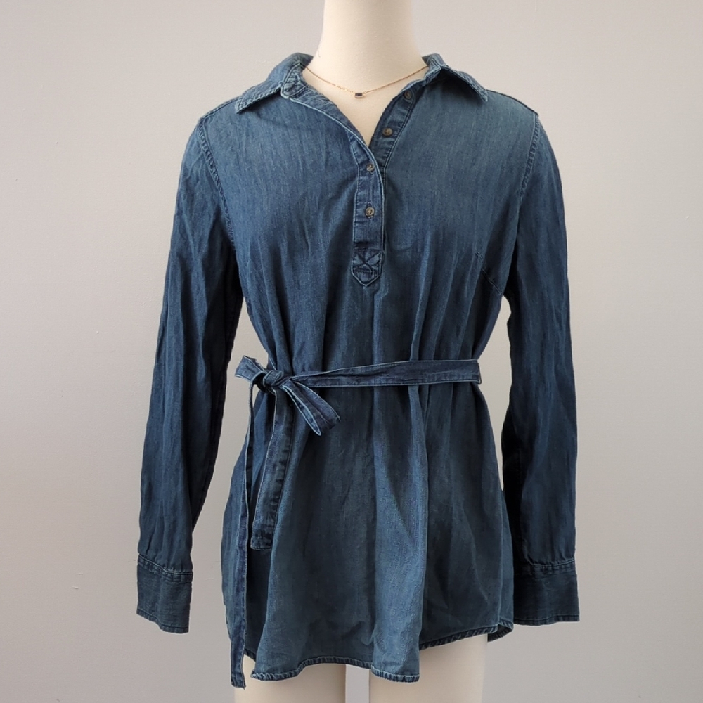 Liz Lange Maternity Blue Denim Button-Up Shirt, Tie Belt